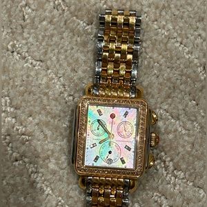 Michele Tri-tone Art Deco Watch with Diamond Bezel and Mother of Pearl Face